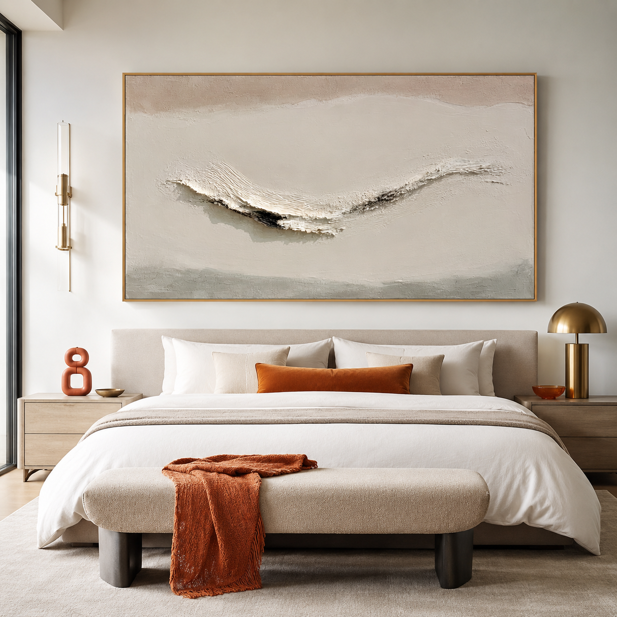 Neutral textured abstract wall art in beige cream and gray tones with raised hand-painted wave texture