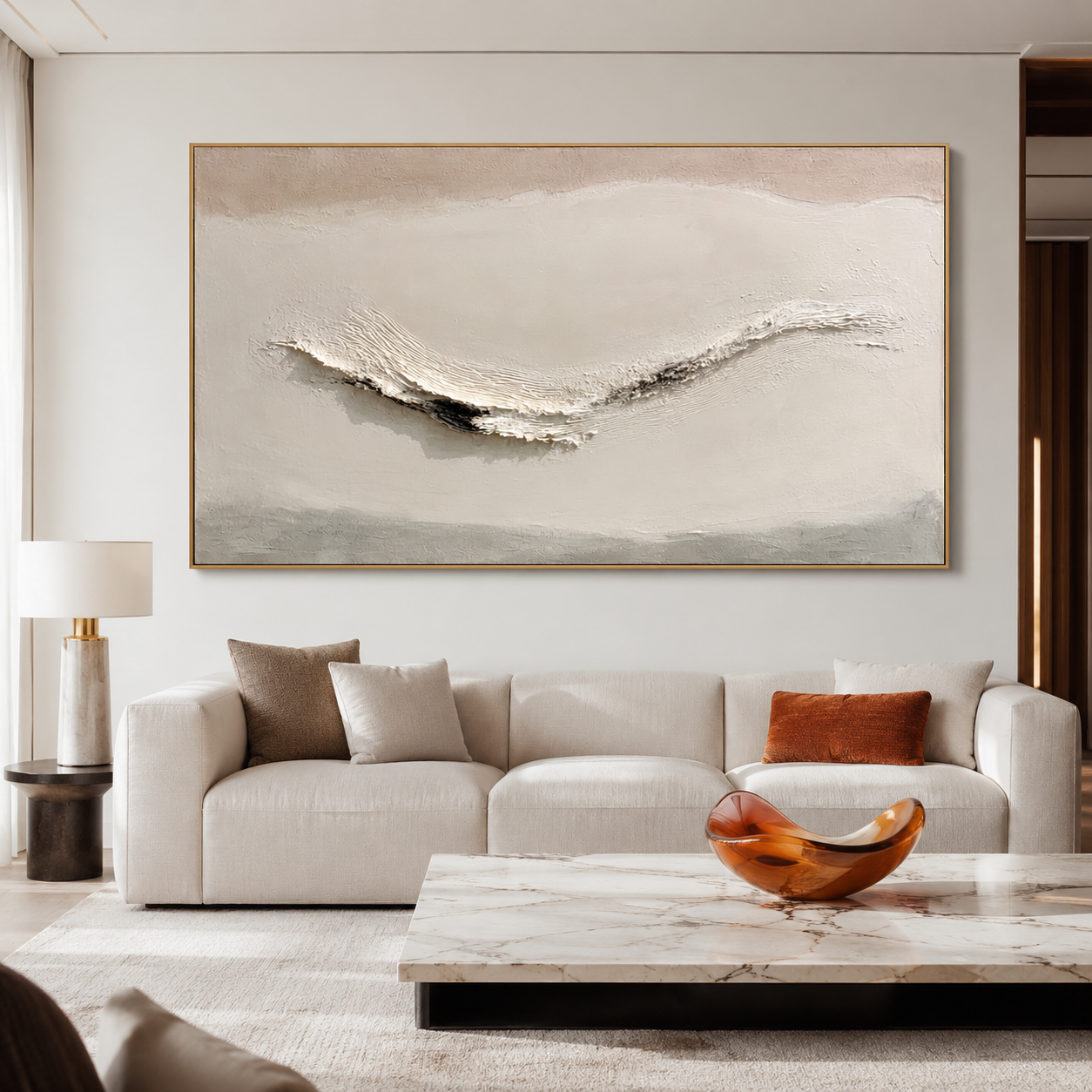 Neutral textured abstract wall art in beige cream and gray tones with raised hand-painted wave texture