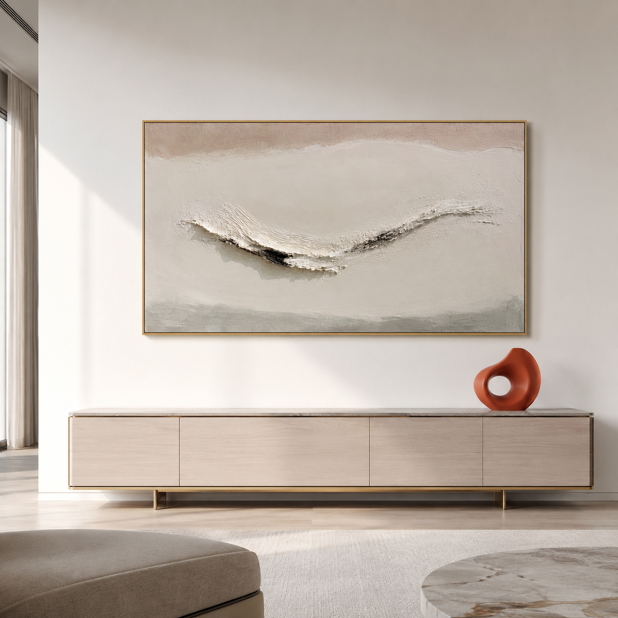 Neutral textured abstract wall art in beige cream and gray tones with raised hand-painted wave texture