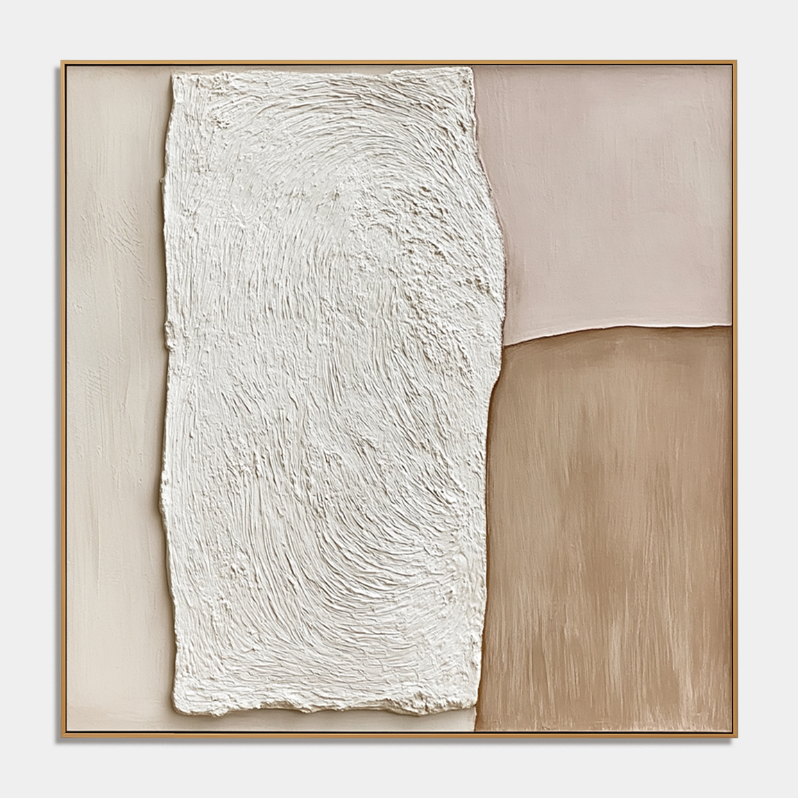 Neutral textured abstract wall art with raised white plaster texture, beige and taupe color blocks