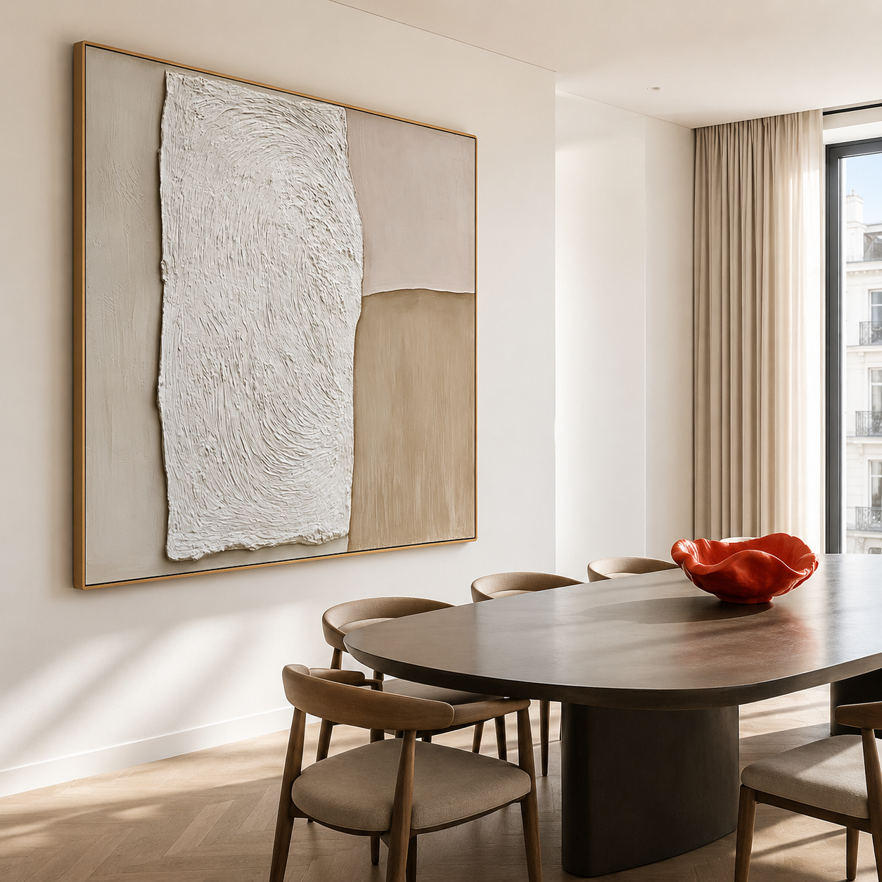 Neutral textured abstract wall art with raised white plaster texture, beige and taupe color blocks