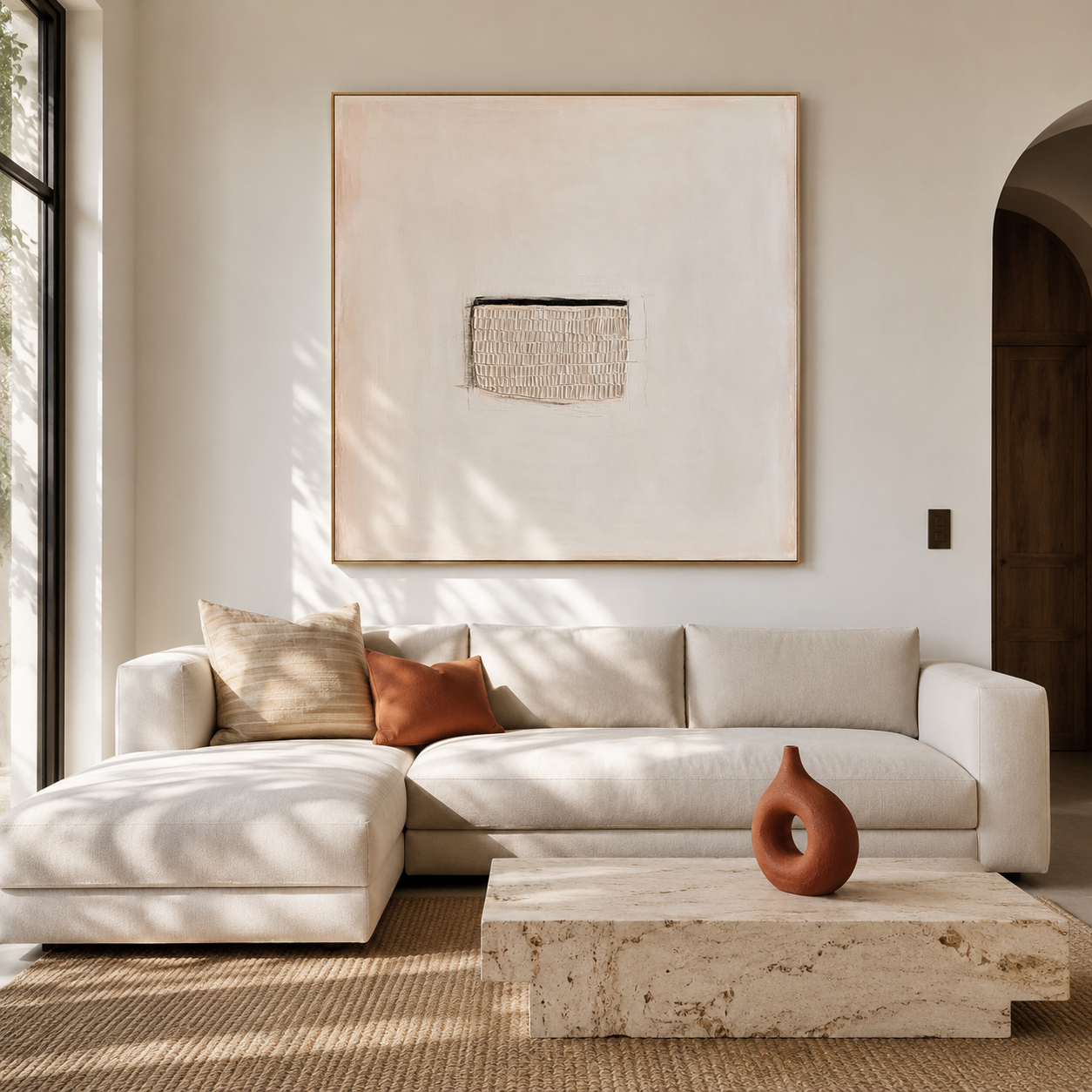 Minimalist neutral textured abstract wall art with central plaster block detail on soft cream background