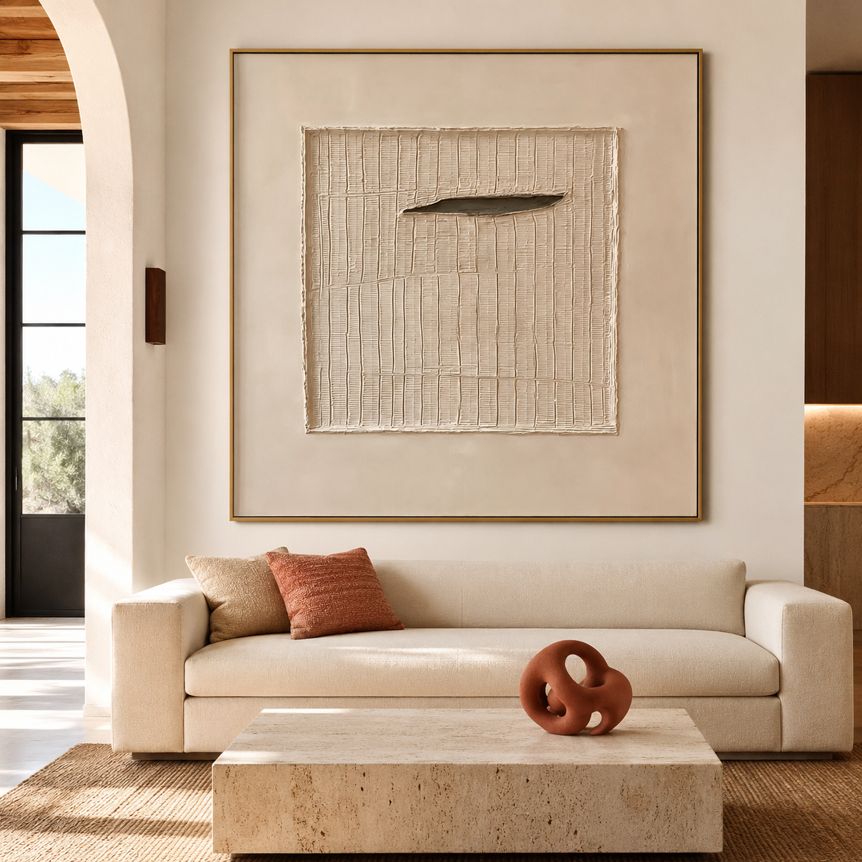 Neutral textured abstract wall art with cream background and raised central panel detail