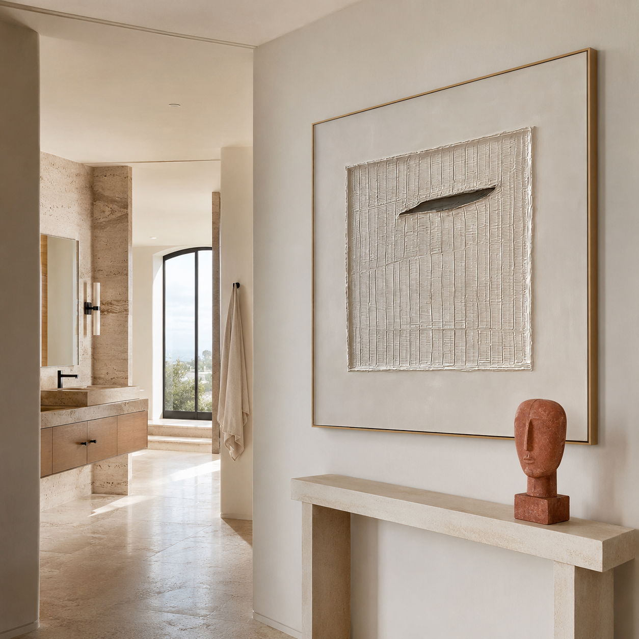 Neutral textured abstract wall art with cream background and raised central panel detail