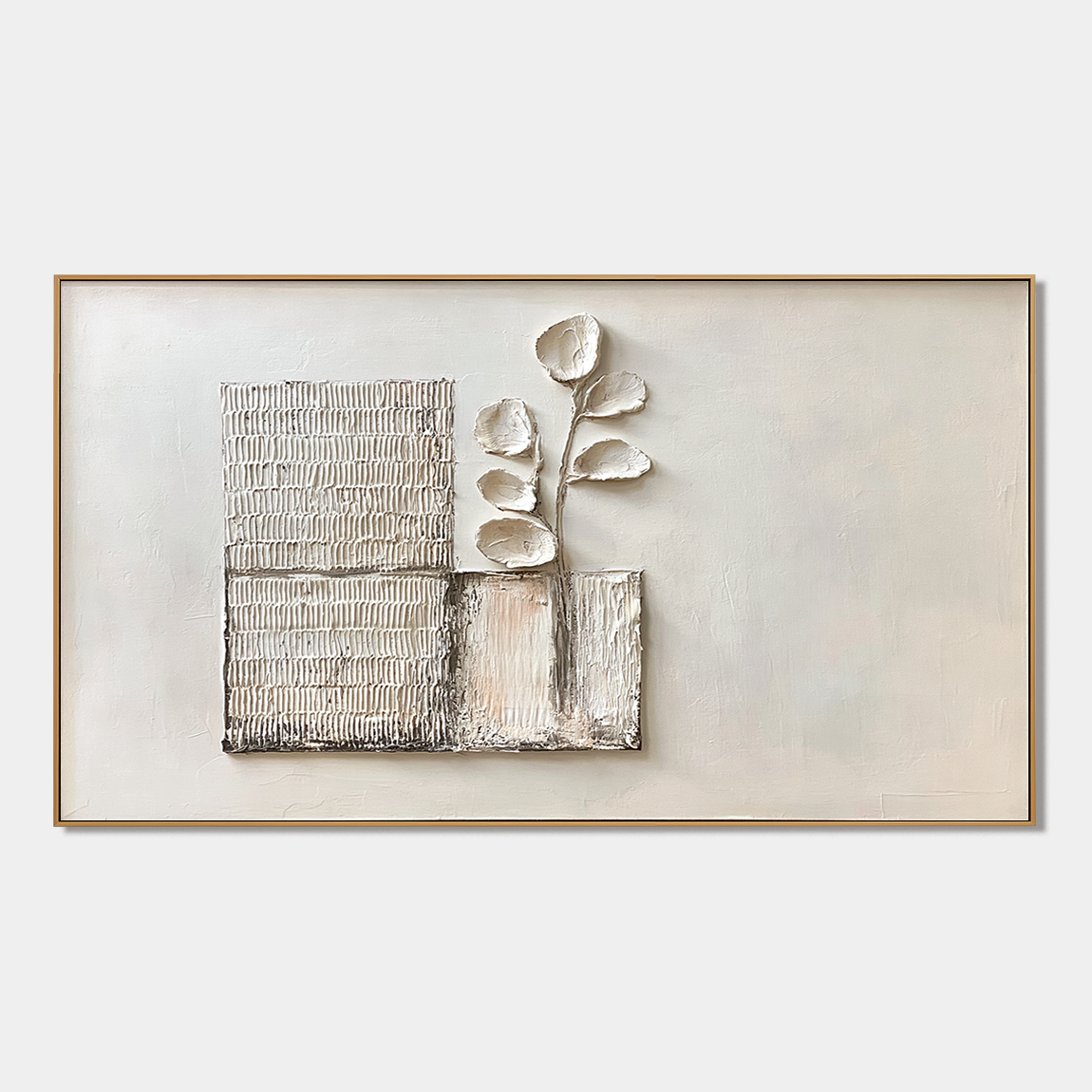 Textured botanical abstract wall art with raised branch leaves, neutral cream beige background, and woven rectangle panels