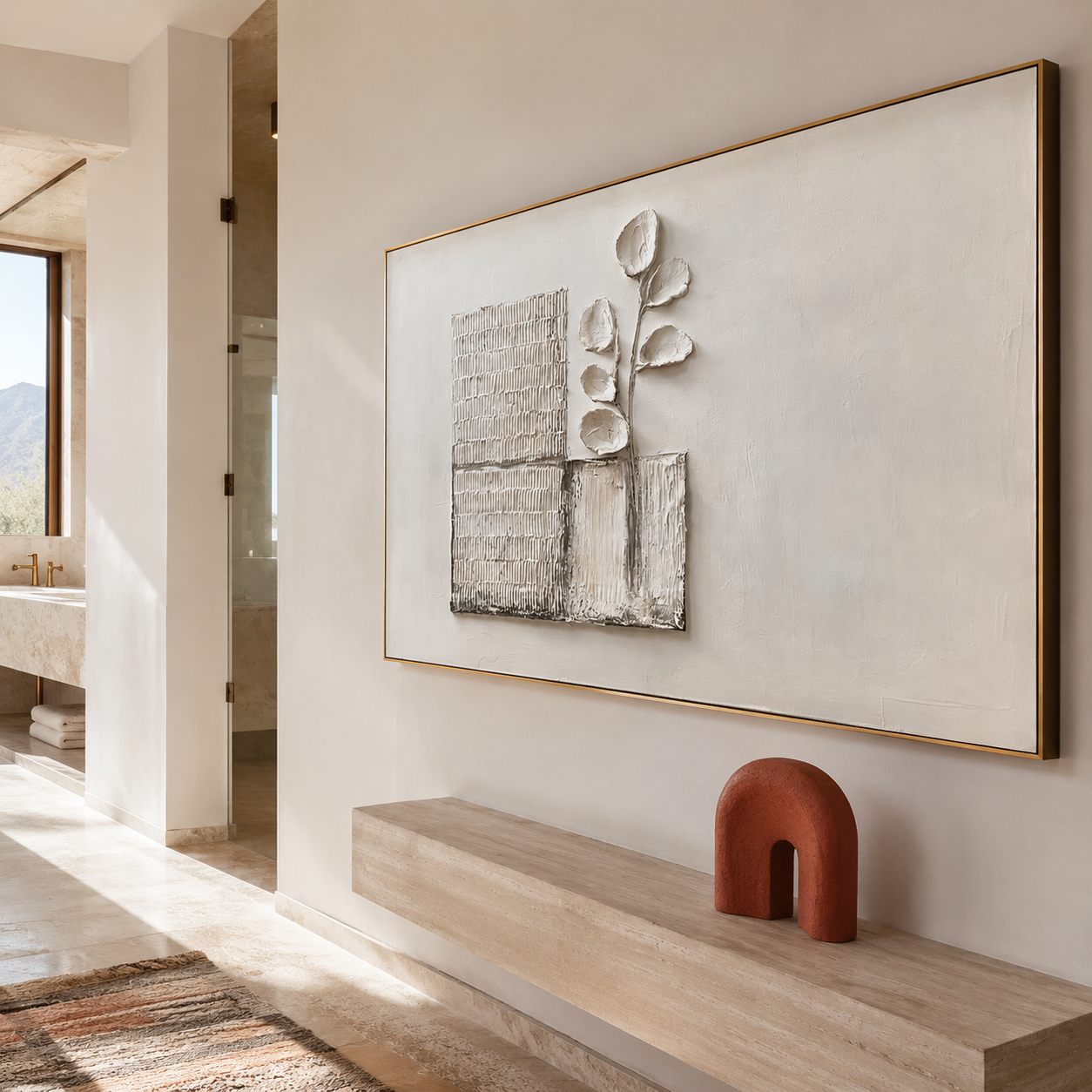 Textured botanical abstract wall art with raised branch leaves, neutral cream beige background, and woven rectangle panels