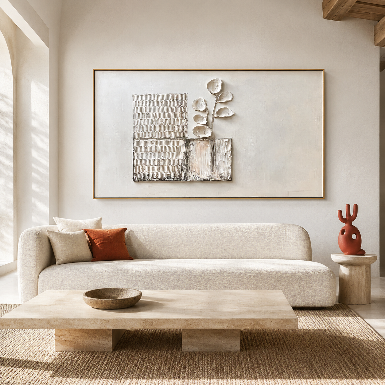 Textured botanical abstract wall art with raised branch leaves, neutral cream beige background, and woven rectangle panels