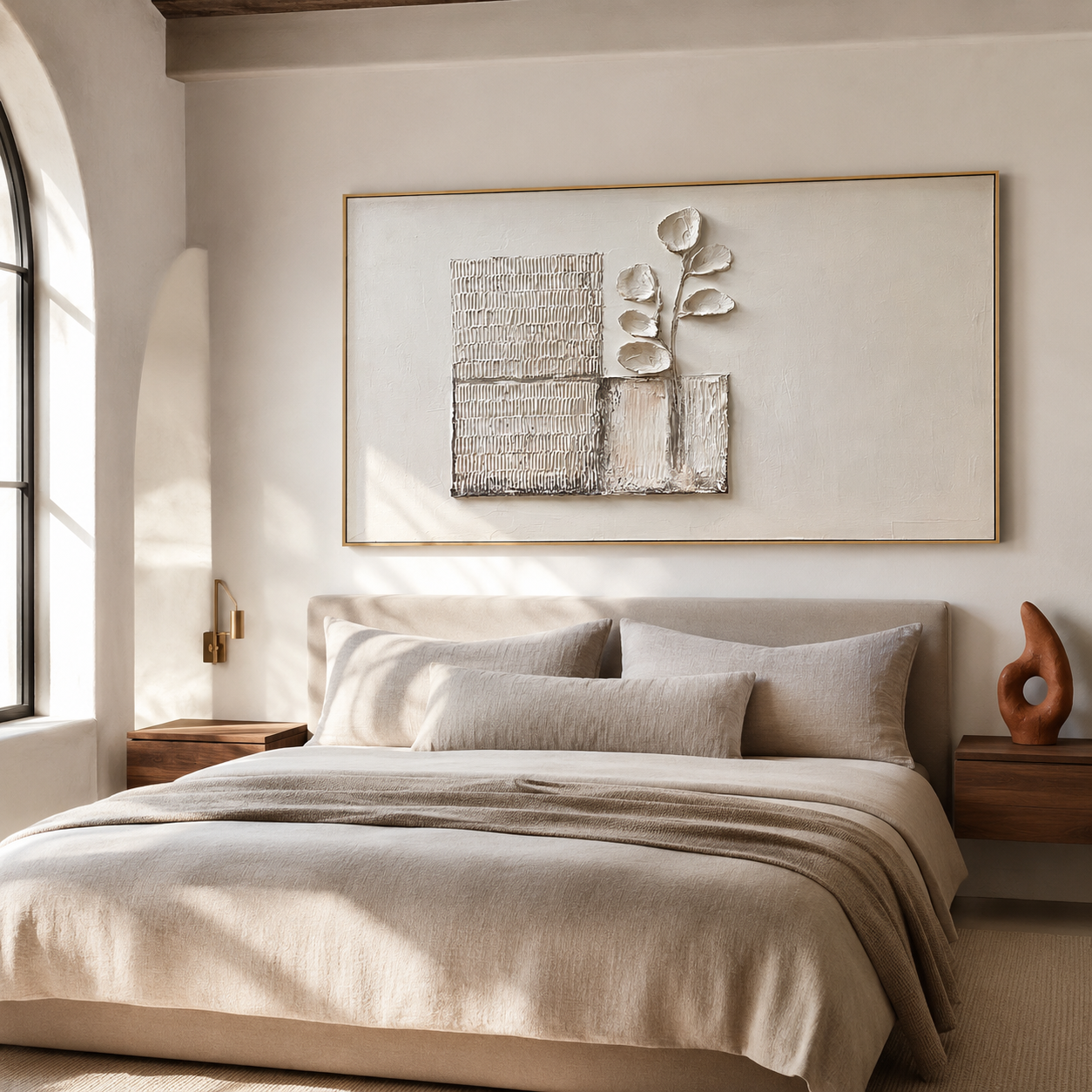 Textured botanical abstract wall art with raised branch leaves, neutral cream beige background, and woven rectangle panels