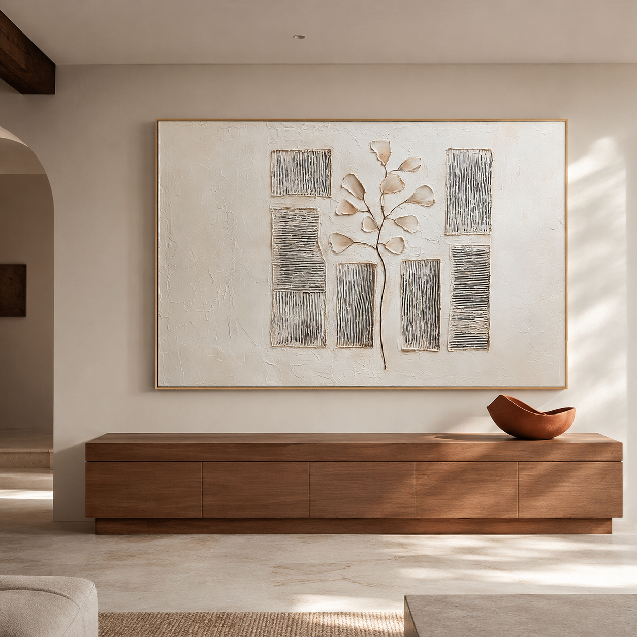 Textured botanical abstract wall art with raised branch leaves, neutral cream beige background, and vertical line panels