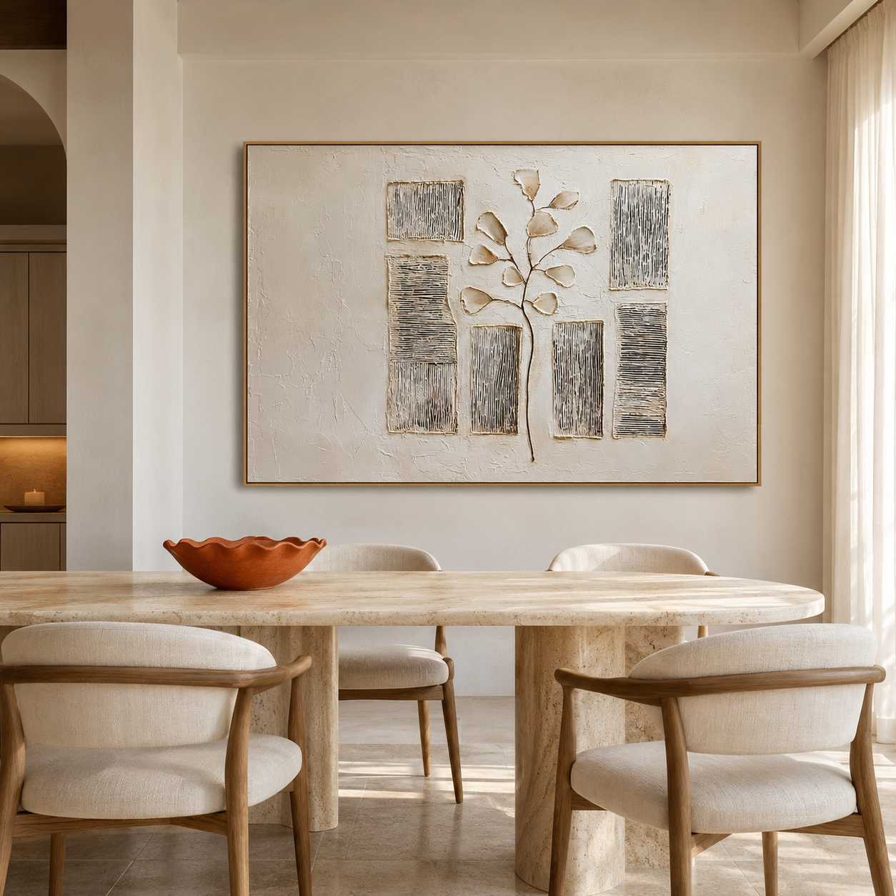 Textured botanical abstract wall art with raised branch leaves, neutral cream beige background, and vertical line panels