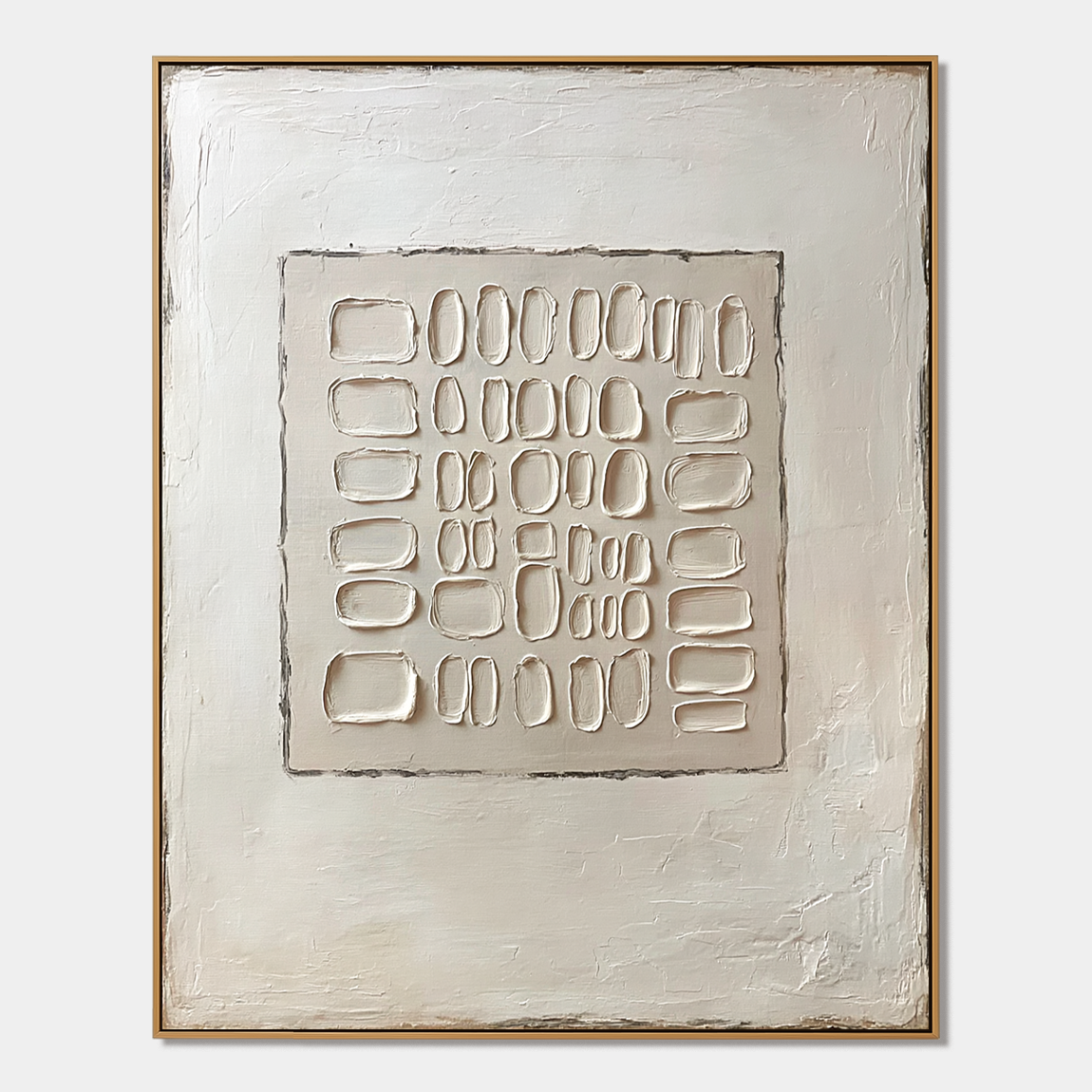Minimalist textured abstract wall art with raised grid pattern in cream beige and warm white tones
