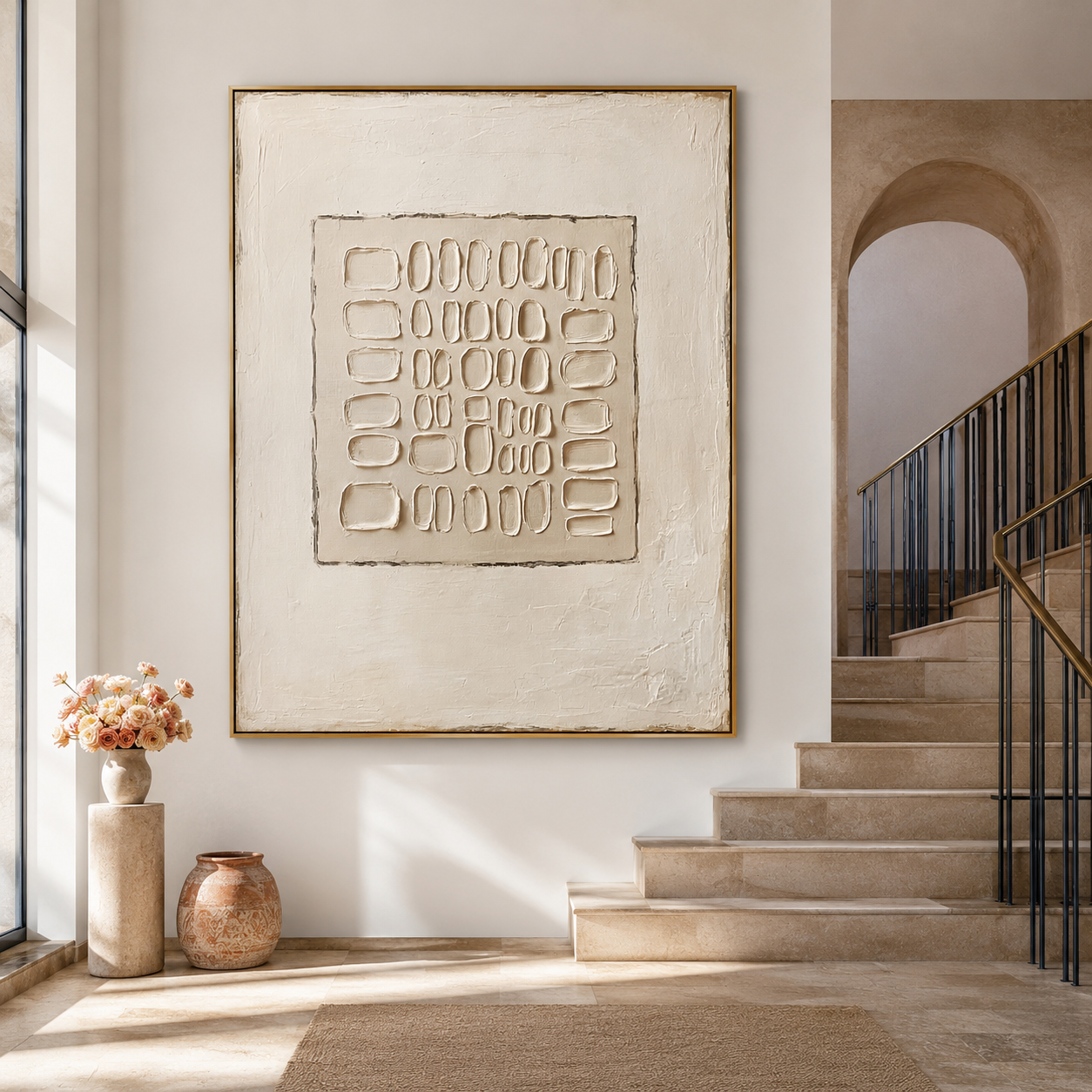 Minimalist textured abstract wall art with raised grid pattern in cream beige and warm white tones