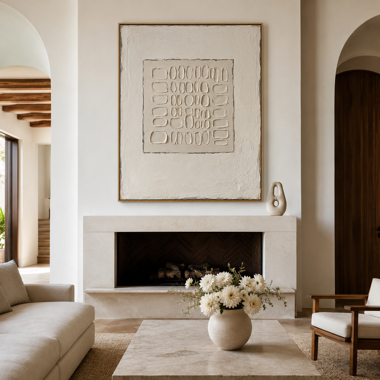 Minimalist textured abstract wall art with raised grid pattern in cream beige and warm white tones