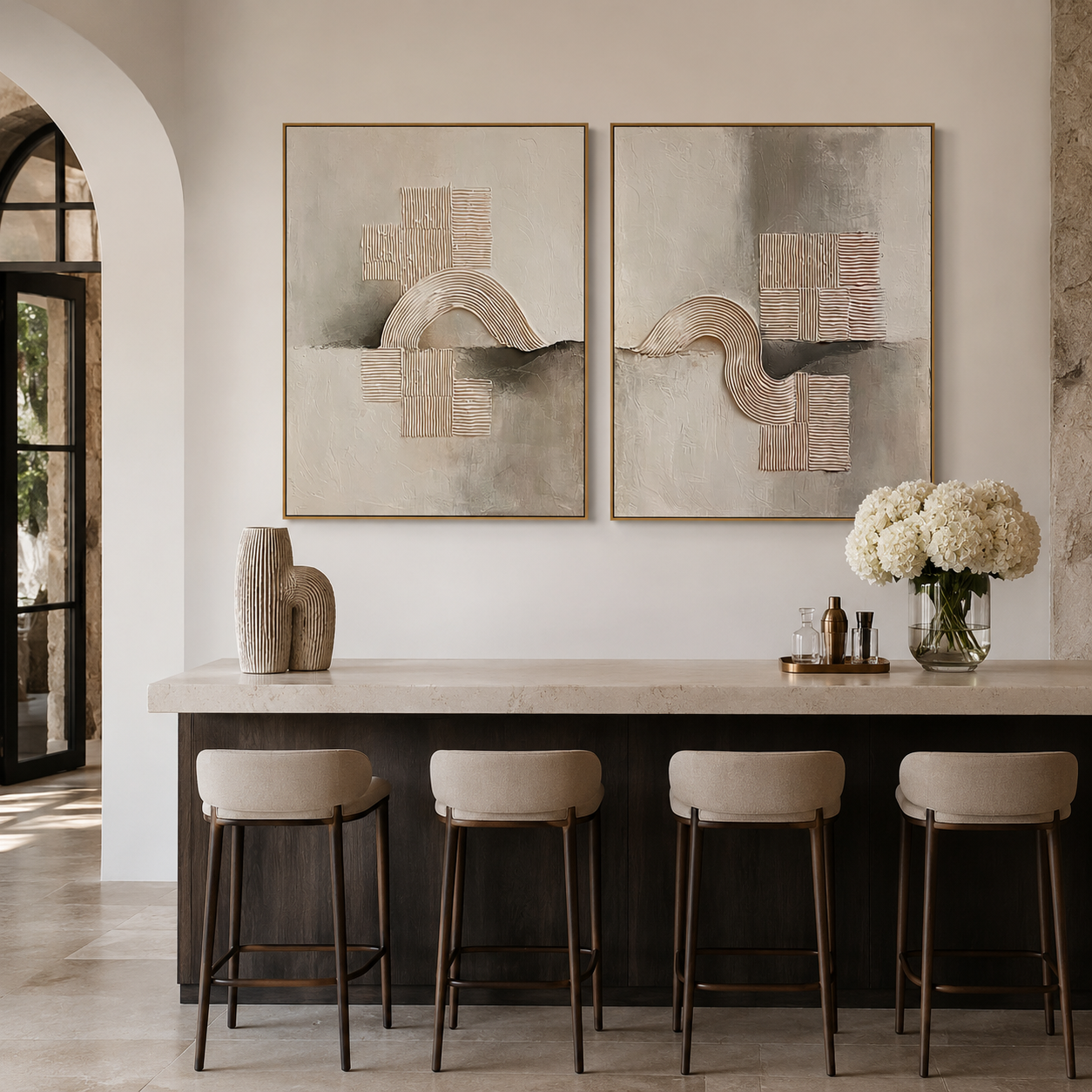 Two piece textured abstract wall art set with raised curved lines, square patterns, and neutral beige gray tones