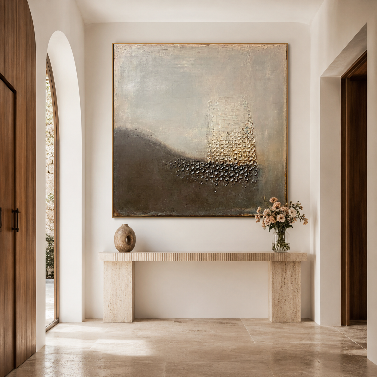 Neutral textured abstract wall art with raised grid texture, gray beige background, dark curved shape, and earthy tones