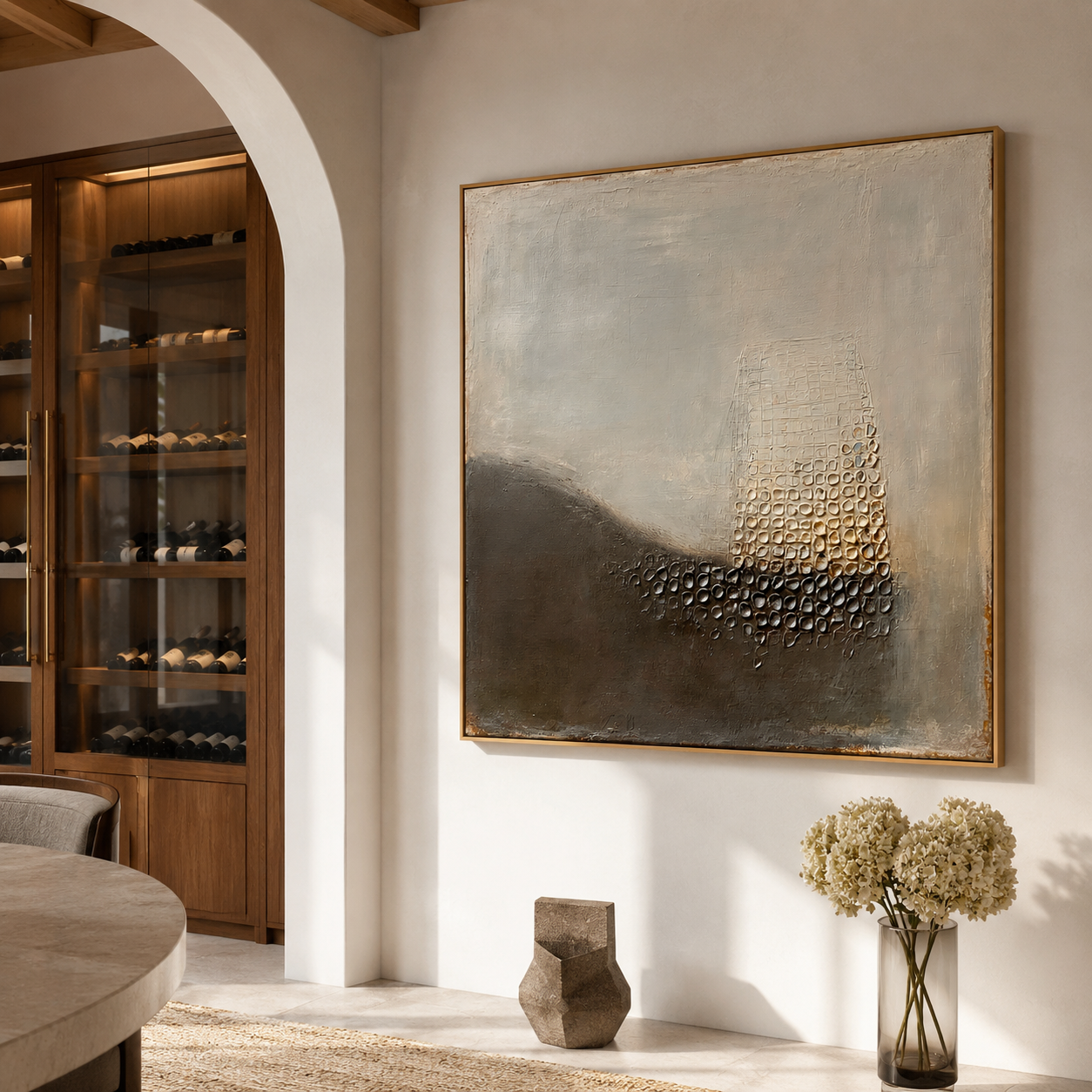 Neutral textured abstract wall art with raised grid texture, gray beige background, dark curved shape, and earthy tones
