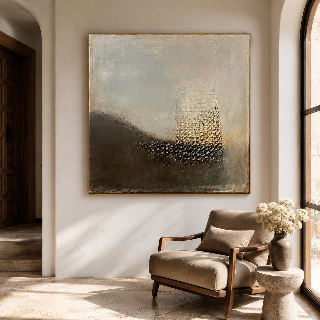 Neutral textured abstract wall art with raised grid texture, gray beige background, dark curved shape, and earthy tones