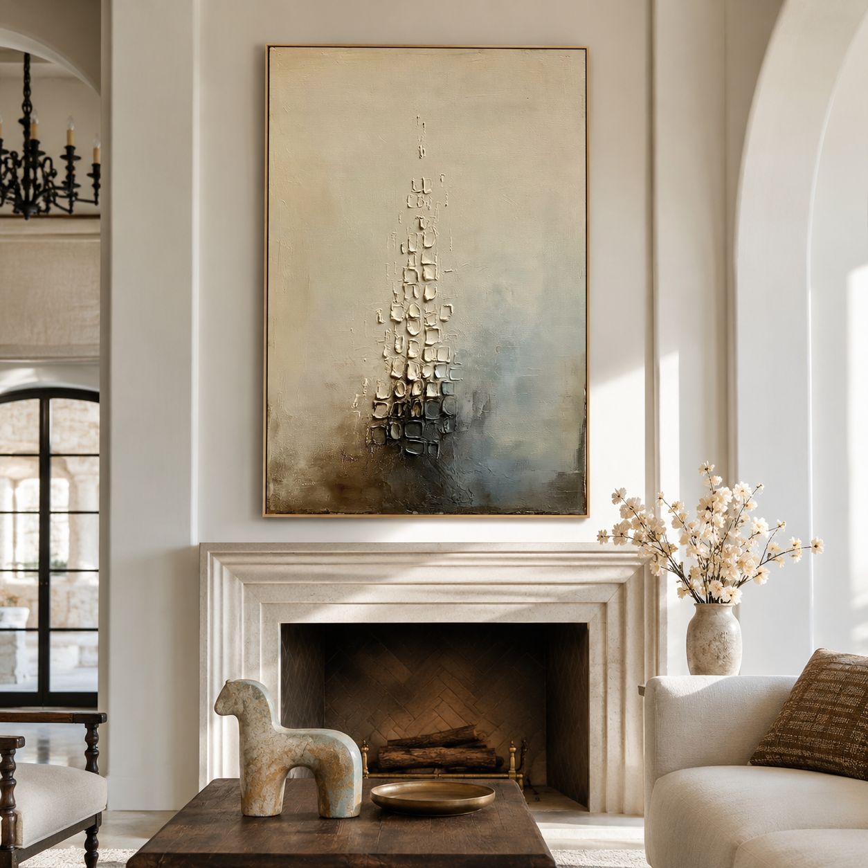 Neutral textured abstract wall art with raised stone-like details in beige gray and soft blue tones