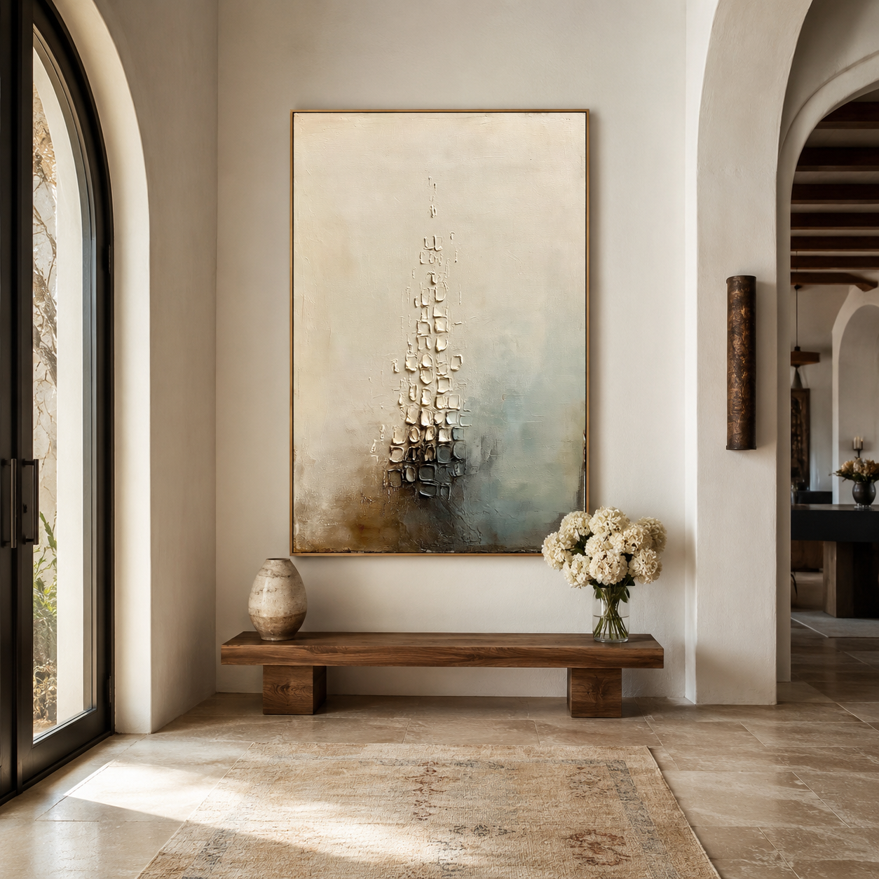 Neutral textured abstract wall art with raised stone-like details in beige gray and soft blue tones