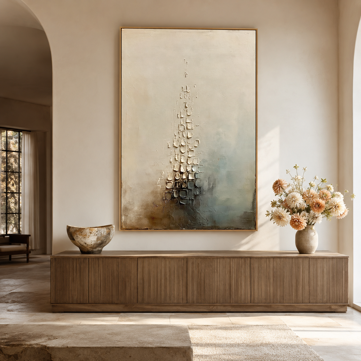 Neutral textured abstract wall art with raised stone-like details in beige gray and soft blue tones