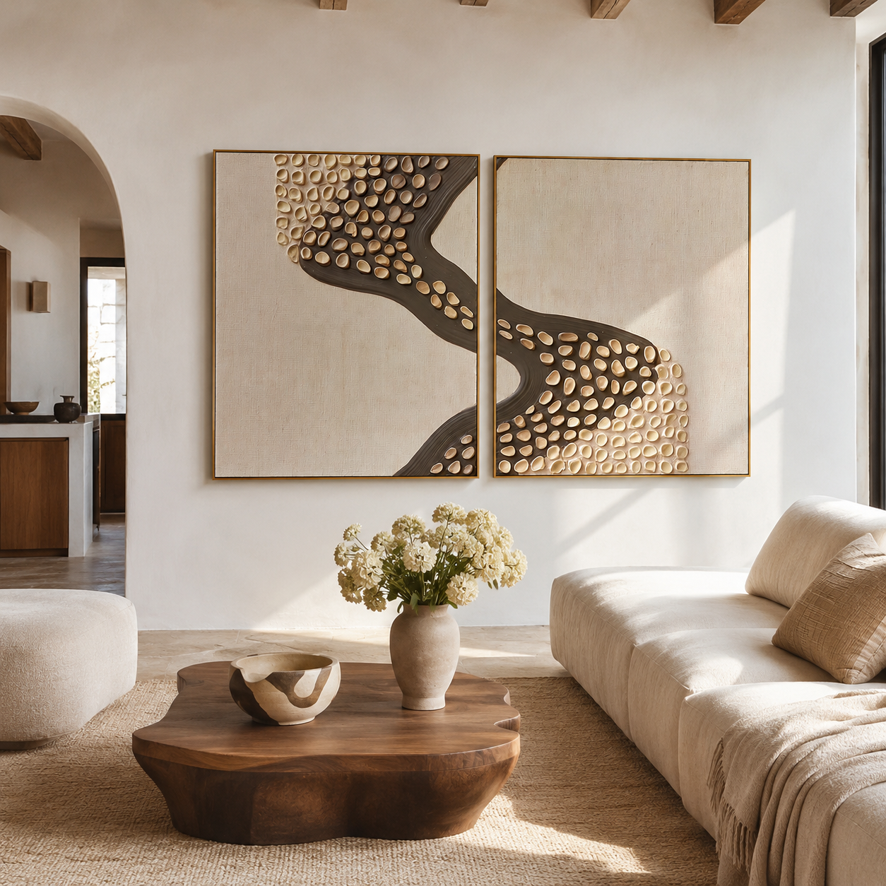 Two piece textured abstract wall art set with raised pebble shapes, dark curved flow, and neutral beige taupe tones