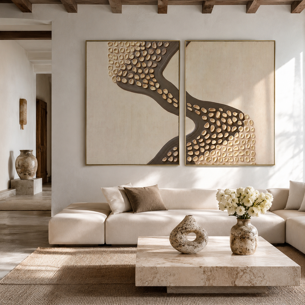 Two piece textured abstract wall art set with raised pebble shapes, dark curved flow, and neutral beige taupe tones