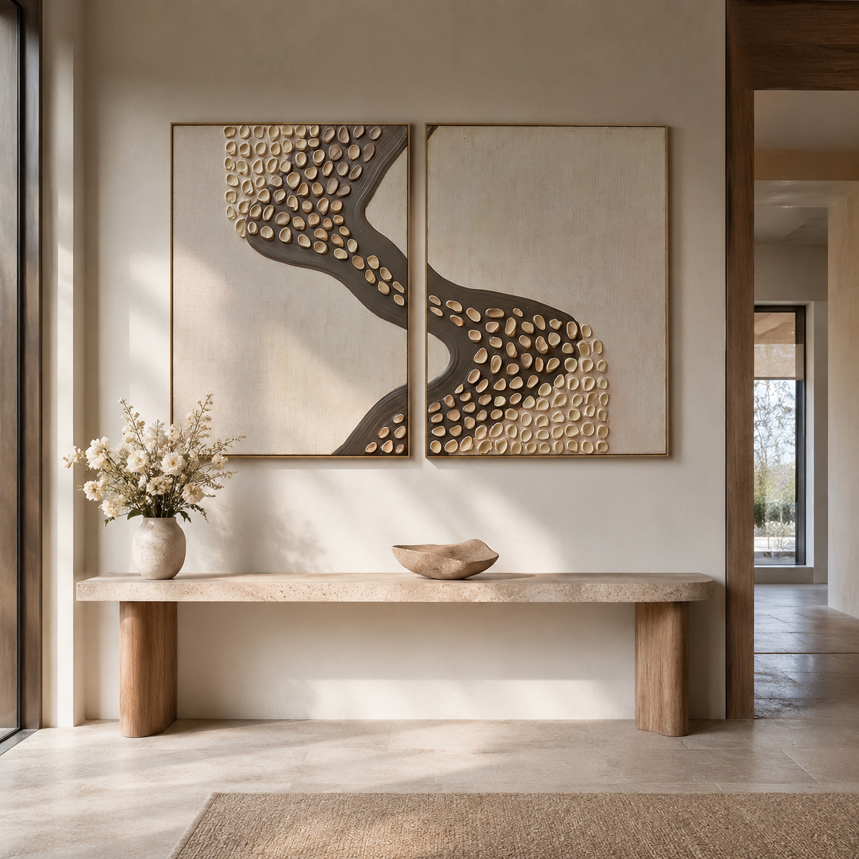 Two piece textured abstract wall art set with raised pebble shapes, dark curved flow, and neutral beige taupe tones