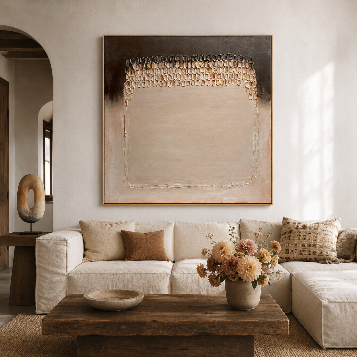Neutral textured abstract wall art with raised beaded arch details in beige cream brown and charcoal tones