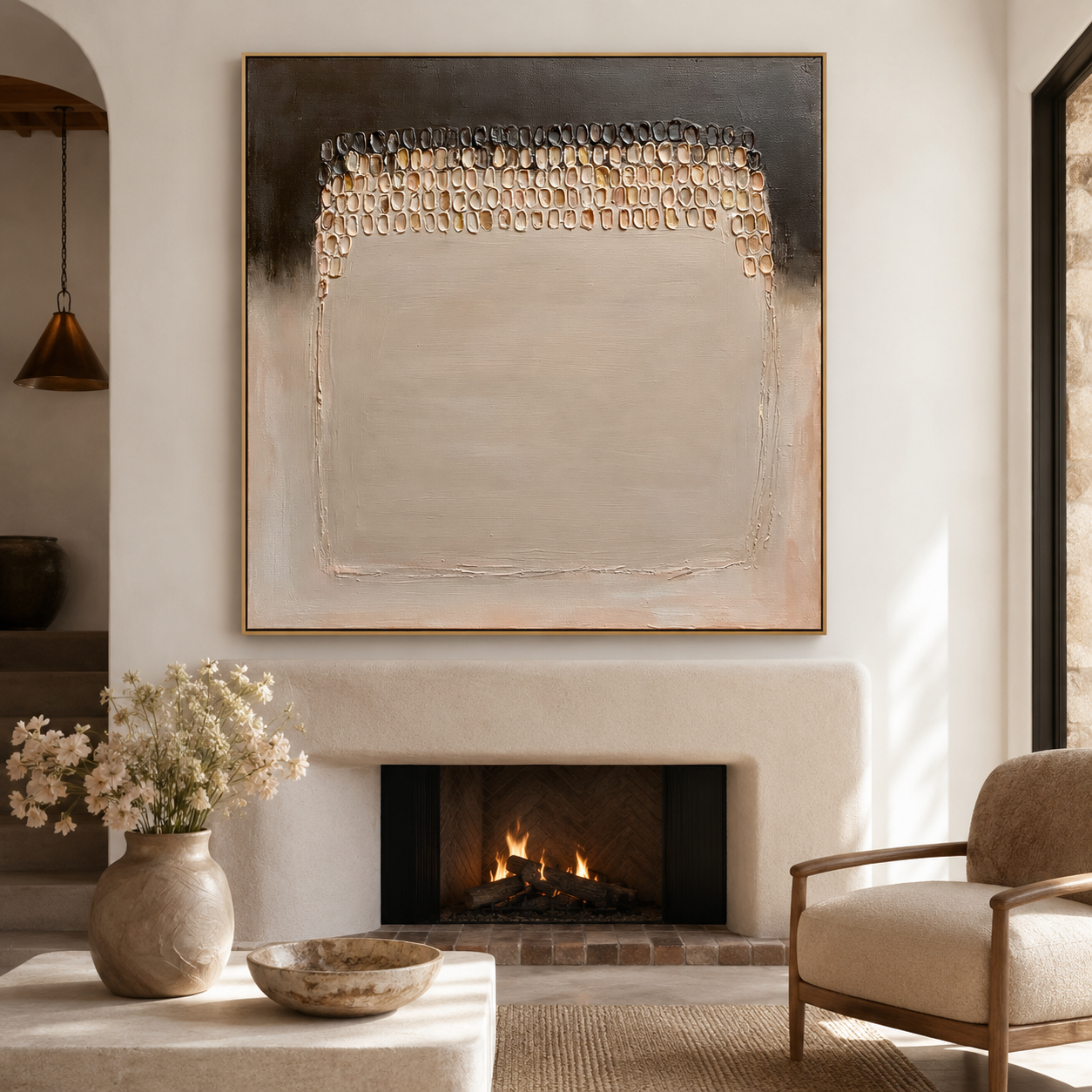 Neutral textured abstract wall art with raised beaded arch details in beige cream brown and charcoal tones