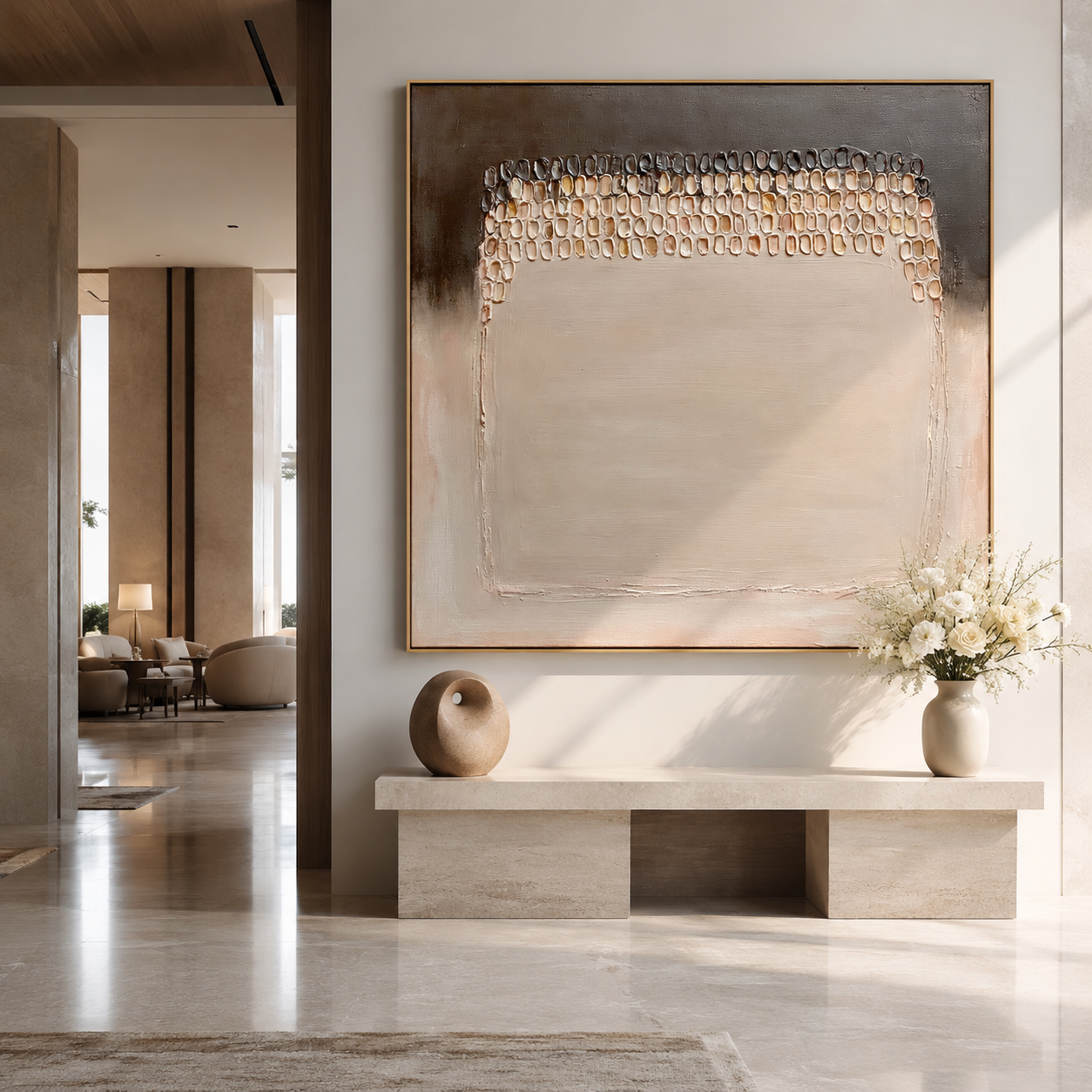 Neutral textured abstract wall art with raised beaded arch details in beige cream brown and charcoal tones