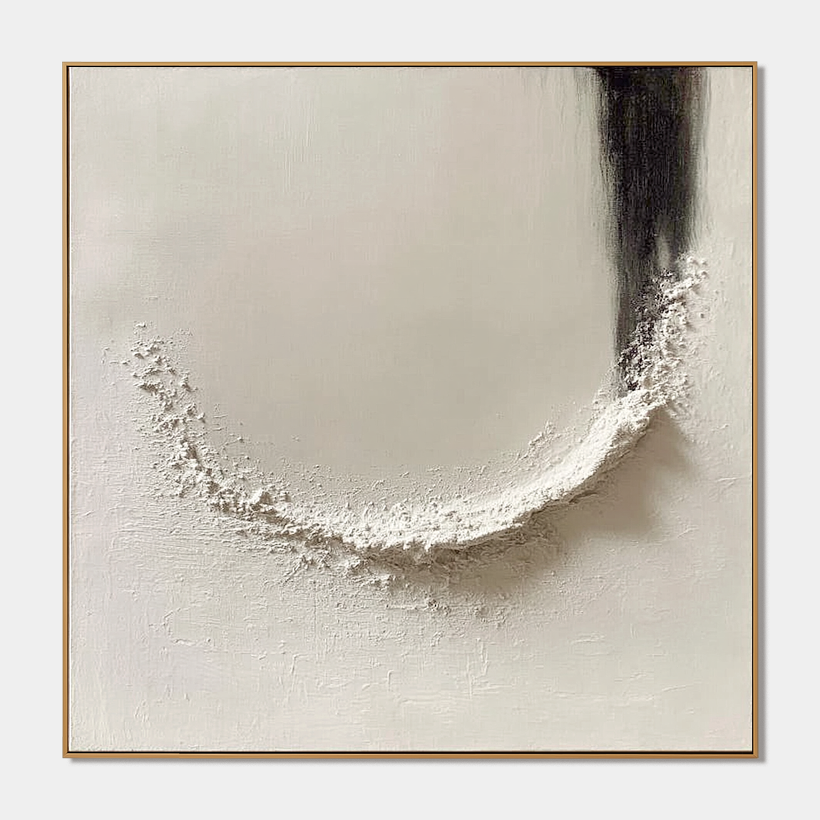 Minimalist textured abstract wall art with raised white curved shape and black brushstroke on neutral beige background