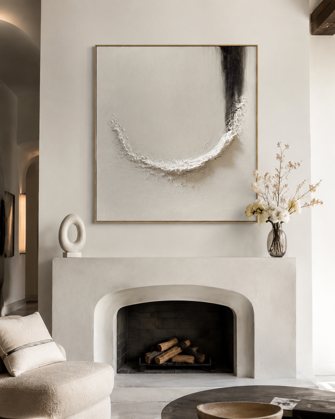 Minimalist textured abstract wall art with raised white curved shape and black brushstroke on neutral beige background