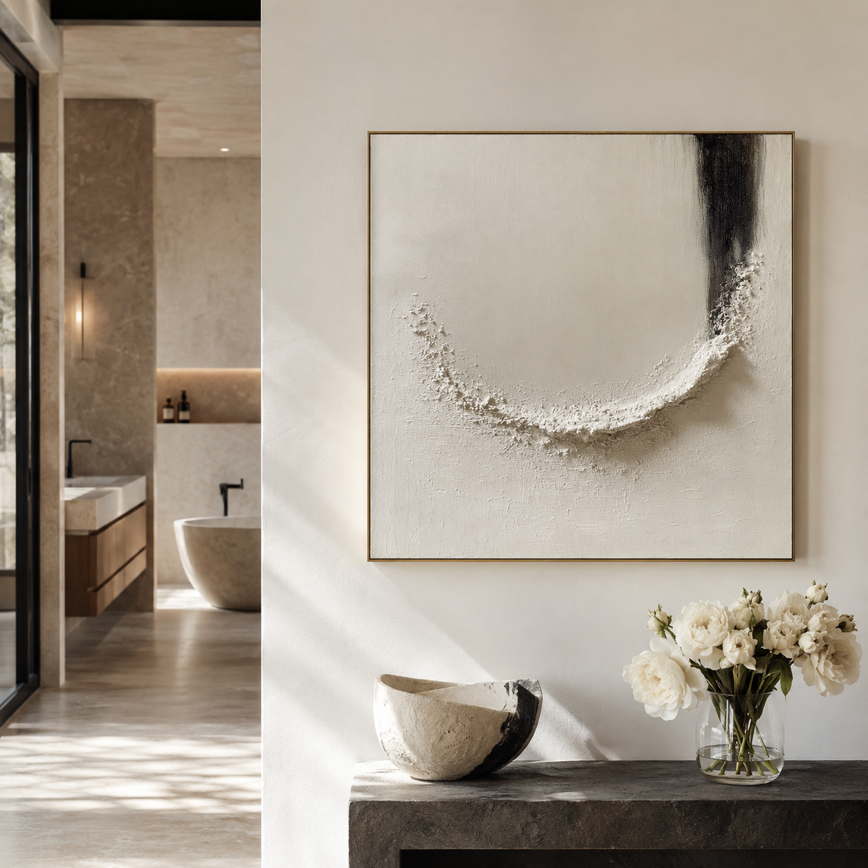 Minimalist textured abstract wall art with raised white curved shape and black brushstroke on neutral beige background