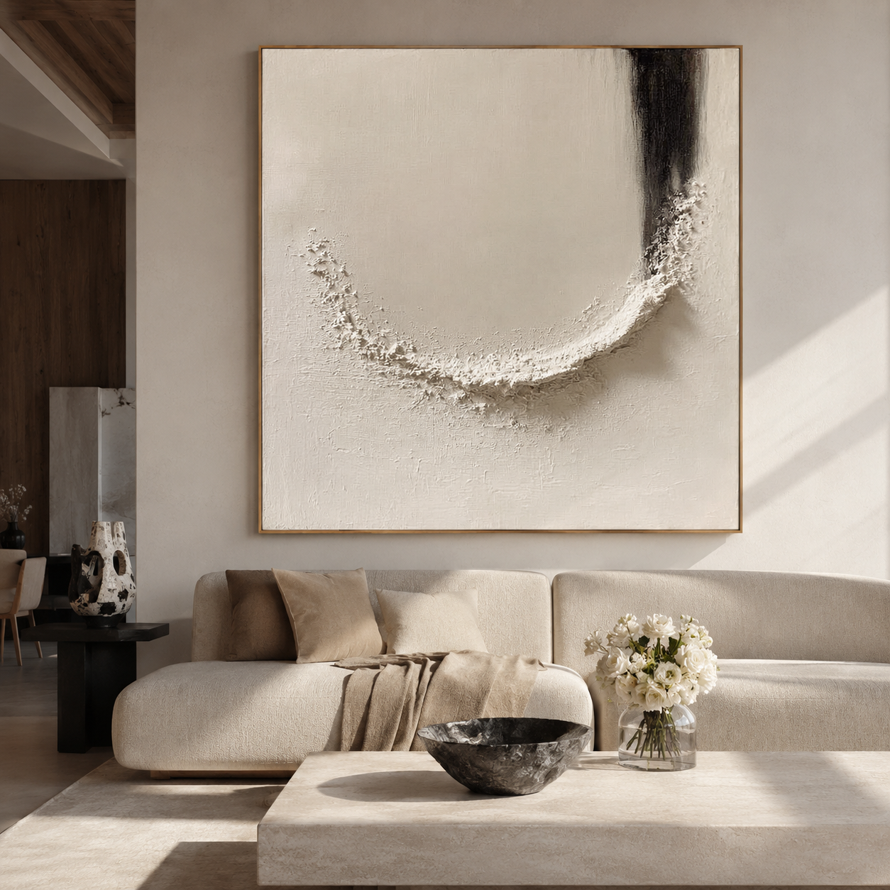 Minimalist textured abstract wall art with raised white curved shape and black brushstroke on neutral beige background