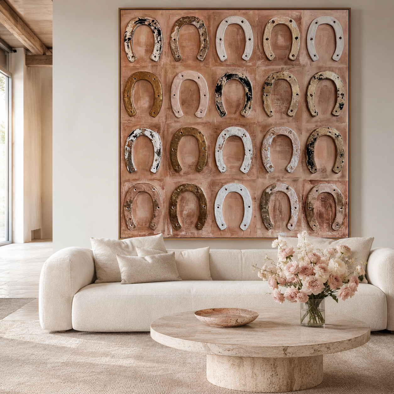 Rustic textured horseshoe wall art with vintage western horseshoes on warm blush beige background