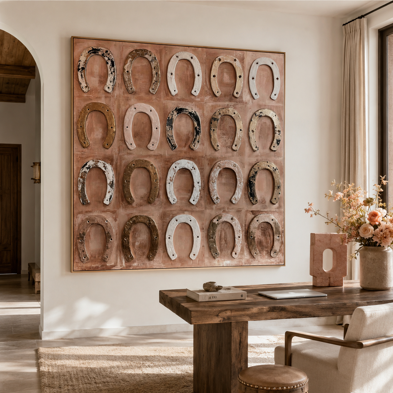 Rustic textured horseshoe wall art with vintage western horseshoes on warm blush beige background