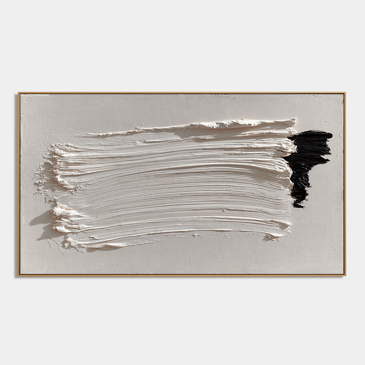 Minimalist textured abstract wall art with thick white brushstroke and black accent on neutral beige gray background