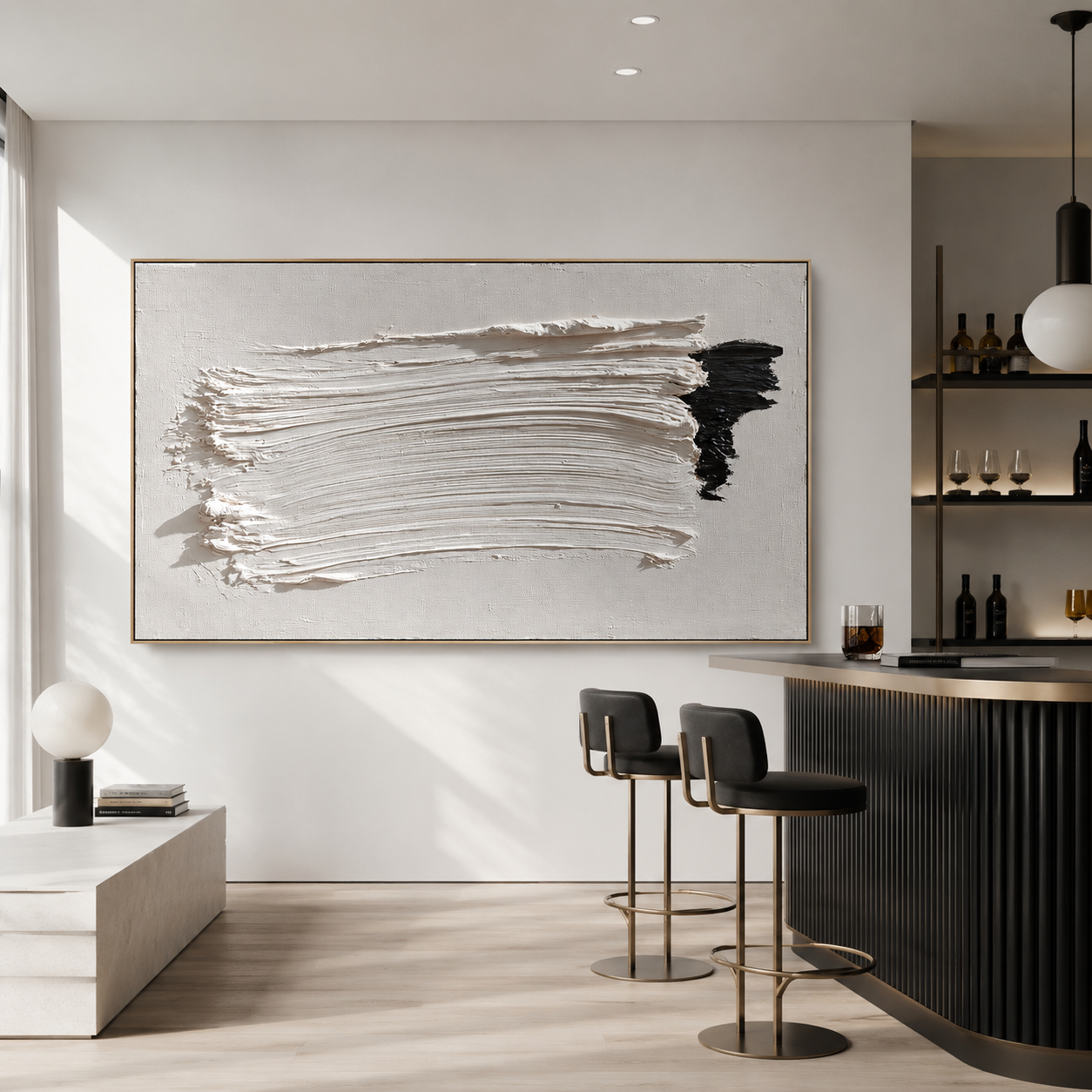 Minimalist textured abstract wall art with thick white brushstroke and black accent on neutral beige gray background