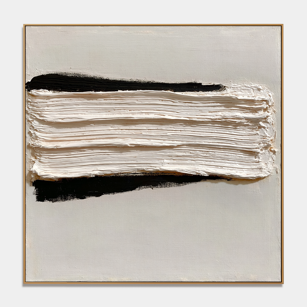 Minimalist textured abstract wall art with thick white layered brushstroke and black accents on a neutral cream background