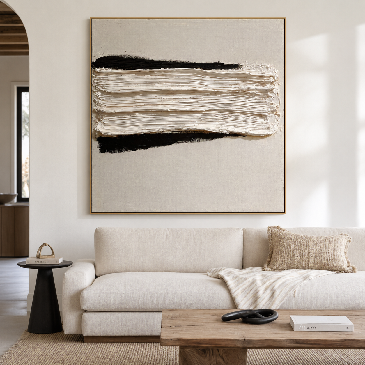 Minimalist textured abstract wall art with thick white layered brushstroke and black accents on a neutral cream background