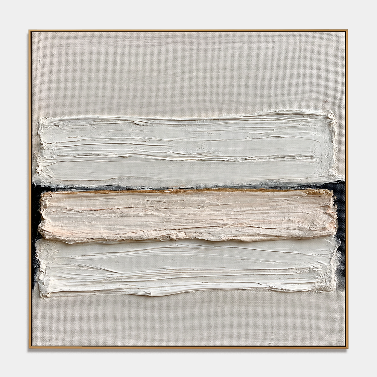 Minimalist textured abstract wall art with layered white brushstrokes, black accents, and warm gold detail on beige background