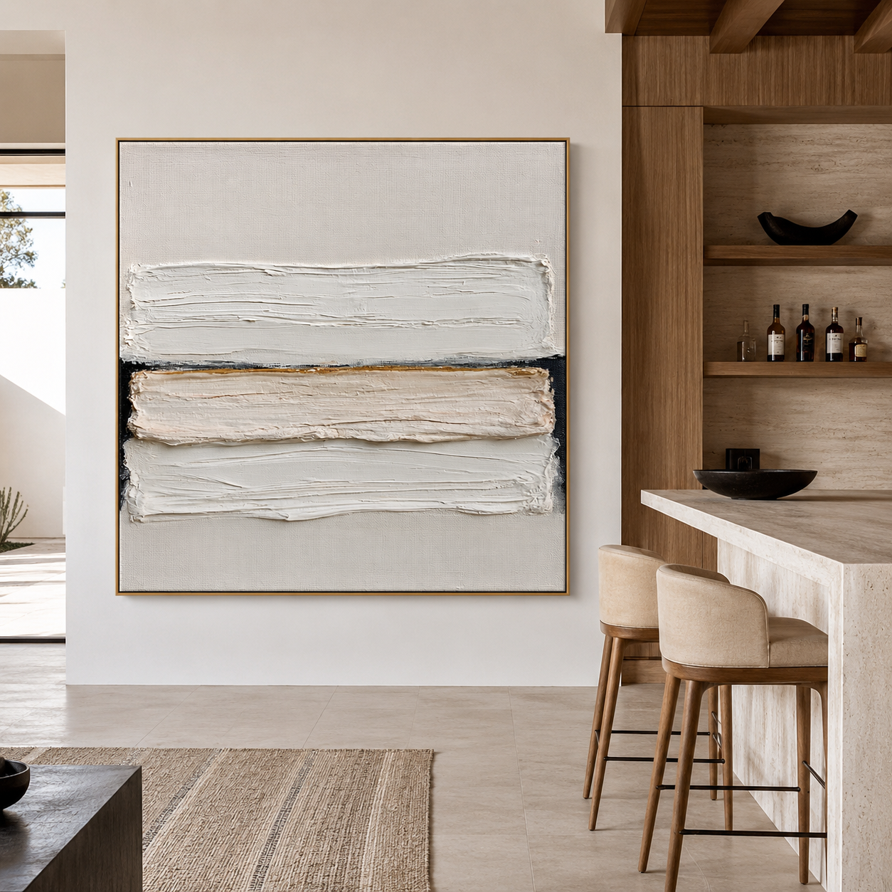 Minimalist textured abstract wall art with layered white brushstrokes, black accents, and warm gold detail on beige background