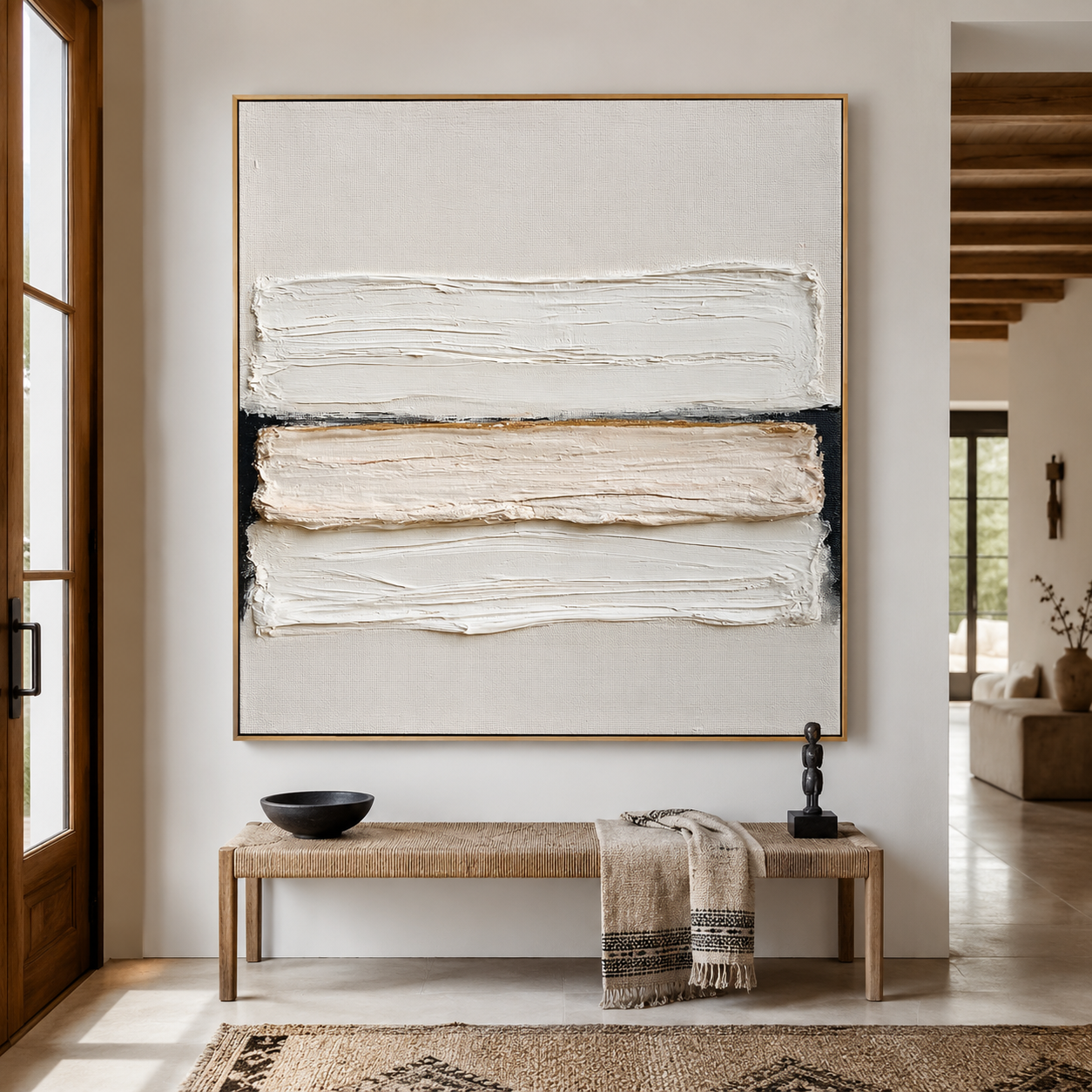 Minimalist textured abstract wall art with layered white brushstrokes, black accents, and warm gold detail on beige background