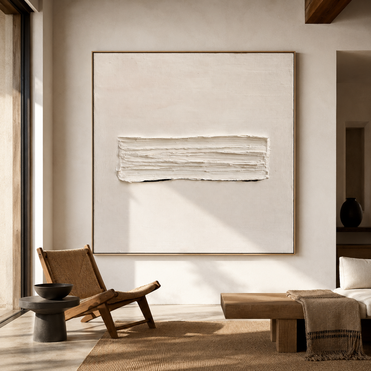 Minimalist textured abstract wall art with raised white horizontal brushstroke on soft neutral cream background