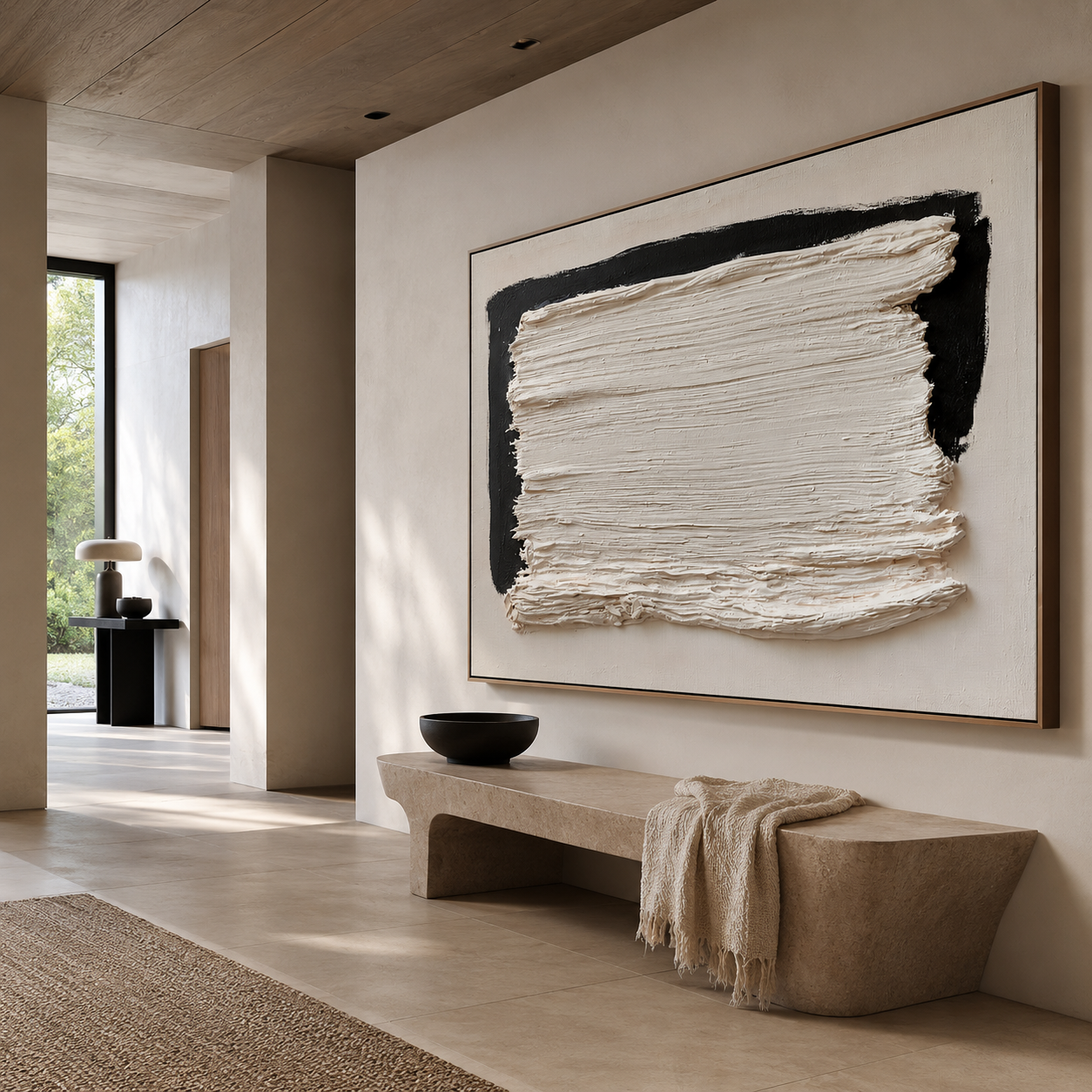 Minimalist textured abstract wall art with thick white brushstroke over black background accents