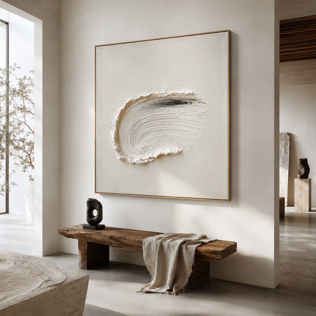 Minimalist textured abstract wall art with raised curved white brushstroke and black accent on neutral cream background