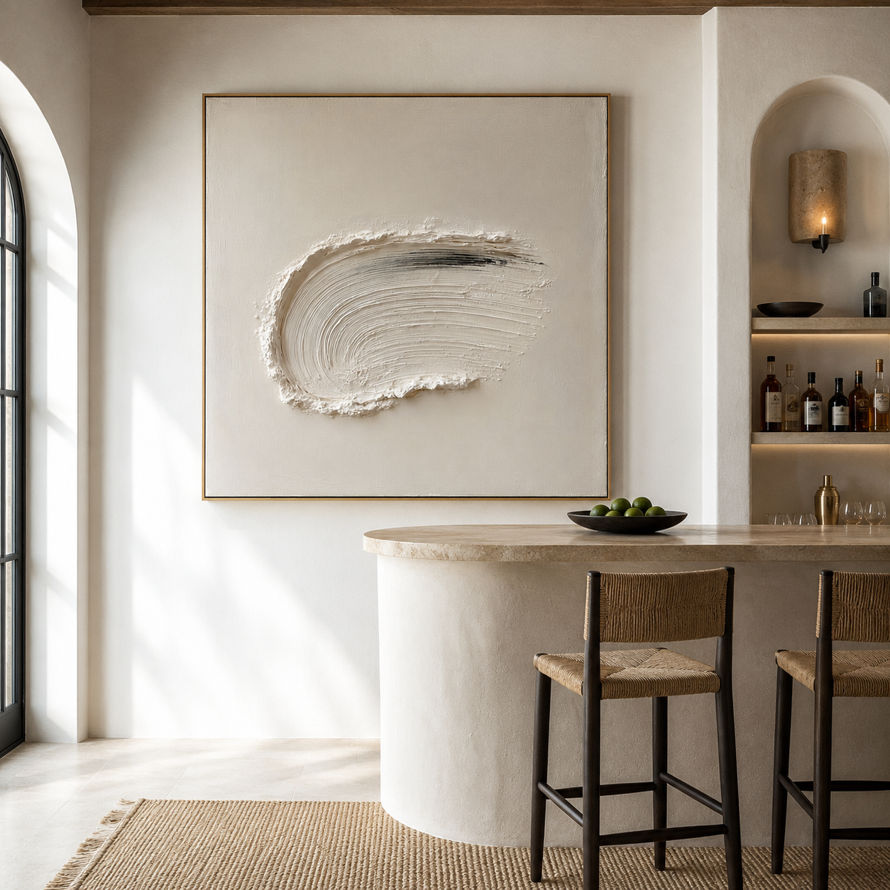 Minimalist textured abstract wall art with raised curved white brushstroke and black accent on neutral cream background