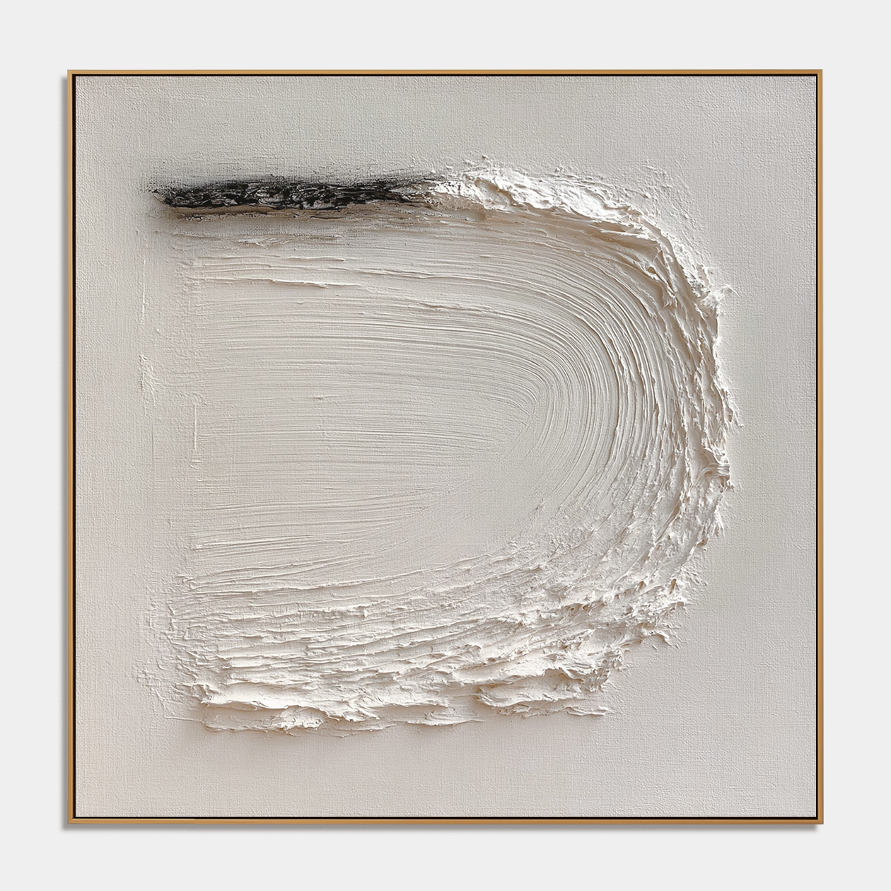 Minimalist textured abstract wall art with raised white curved brushstroke and small black accent on neutral cream background