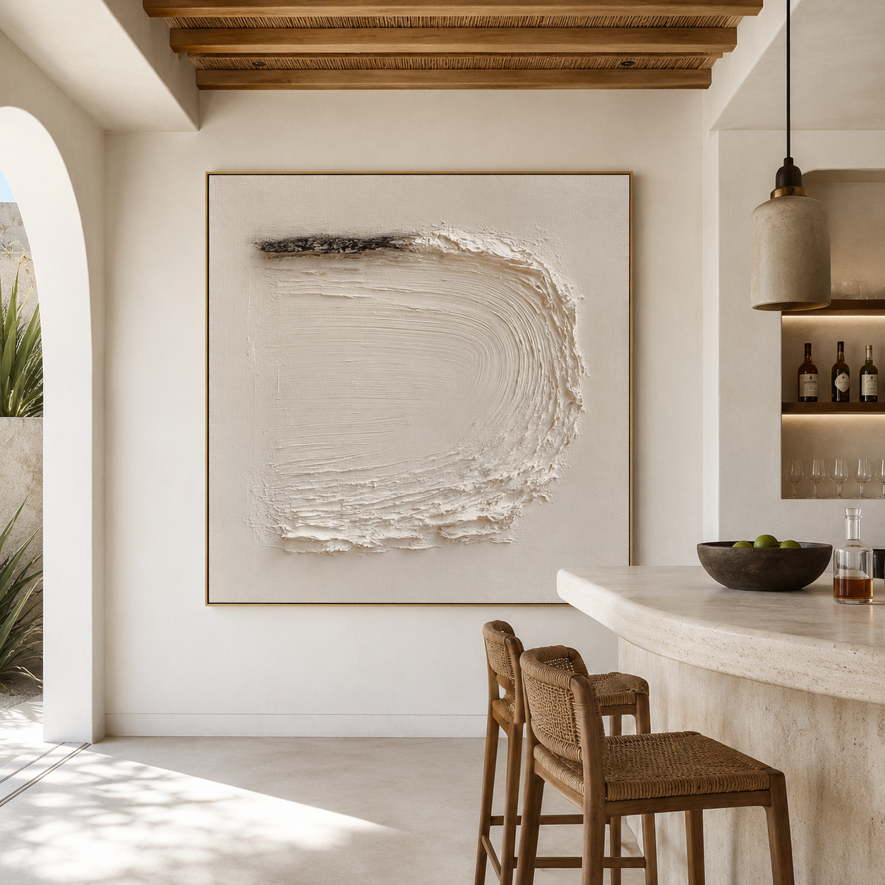 Minimalist textured abstract wall art with raised white curved brushstroke and small black accent on neutral cream background