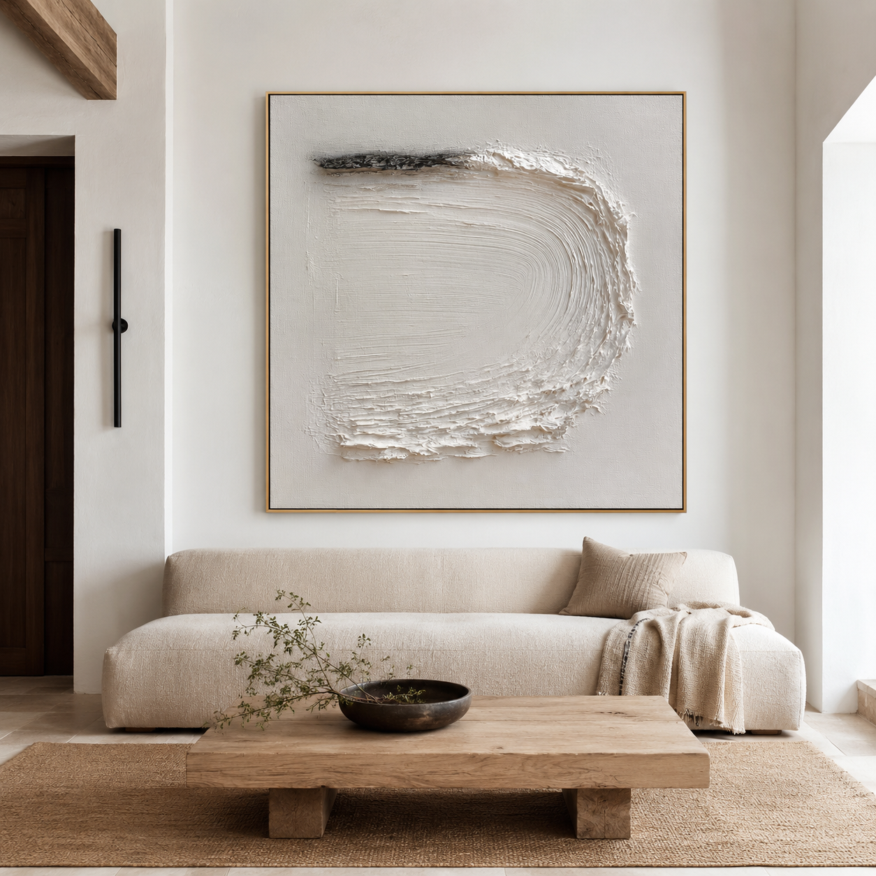 Minimalist textured abstract wall art with raised white curved brushstroke and small black accent on neutral cream background